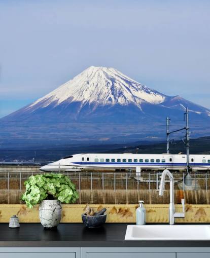 Met sneeuw bedekte berg Fuji en trein behang