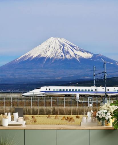 Fondo de pantalla nevado del monte Fuji y el tren
