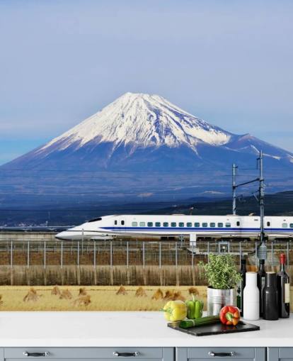 Fondo de pantalla nevado del monte Fuji y el tren