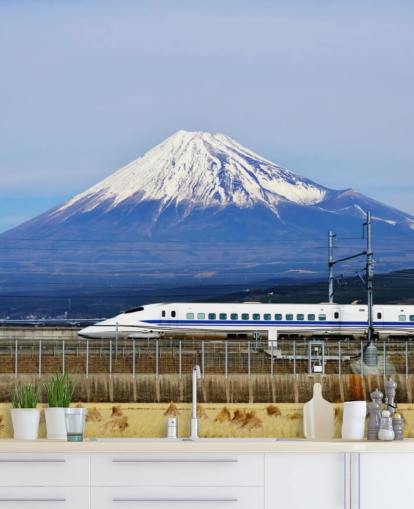 Fondo de pantalla nevado del monte Fuji y el tren