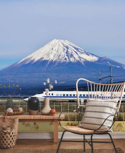Fondo de pantalla nevado del monte Fuji y el tren