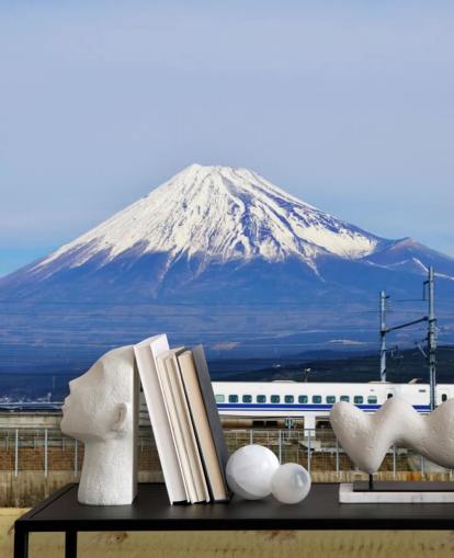 Carta da parati innevata con Monte Fuji e treno