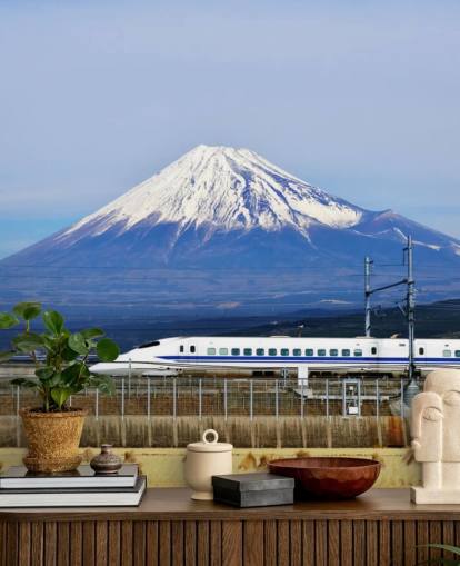 Carta da parati innevata con Monte Fuji e treno