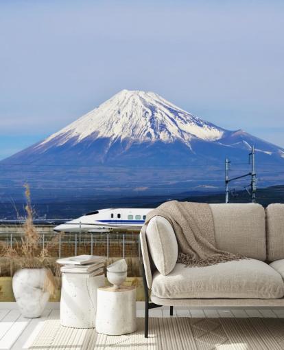Carta da parati innevata con Monte Fuji e treno Carta da parati innevata con Monte Fuji e treno