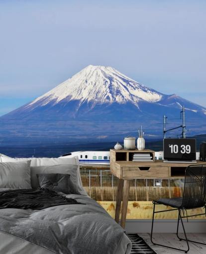 Carta da parati innevata con Monte Fuji e treno