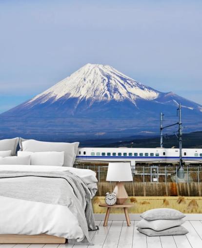 Snedækkede Mount Fuji og tog Baggrund Snedækkede Mount Fuji og tog Baggrund