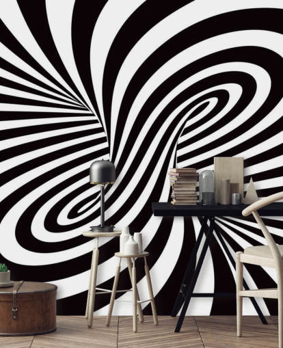 Mural Remolino óptico blanco y negro 3D