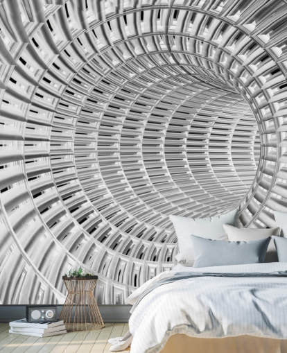 Zilveren en witte metalen 3D-tunnelbehang Zilveren en witte metalen 3D-tunnelbehang
