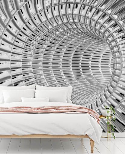 Zilveren en witte metalen 3D-tunnelbehang Zilveren en witte metalen 3D-tunnelbehang