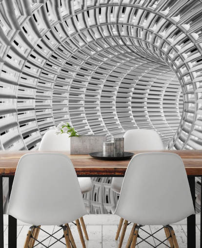Papel pintado de túnel 3D de metal plateado y blanco