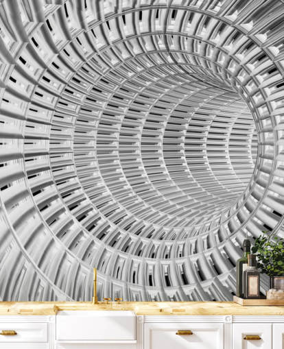 Papel pintado de túnel 3D de metal plateado y blanco