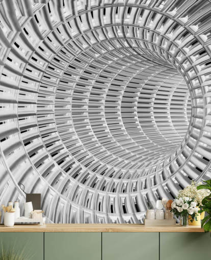 Papel pintado de túnel 3D de metal plateado y blanco