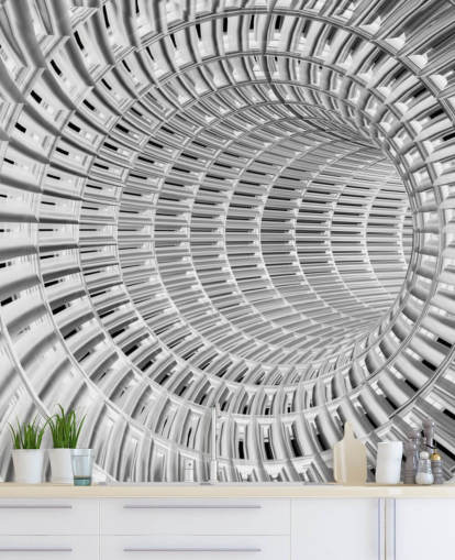 Papel de parede de túnel 3D de prata e metal branco