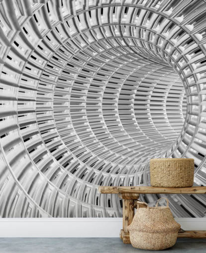 Carta da parati tunnel 3D in metallo argento e bianco