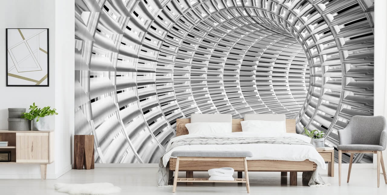Papier peint tunnel 3D en métal argenté et blanc
