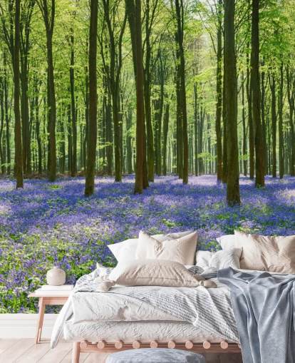 blå og grøn skov tapet vægmaleri kaldet Bluebell Forest til soveværelser, stuer og køkkener
