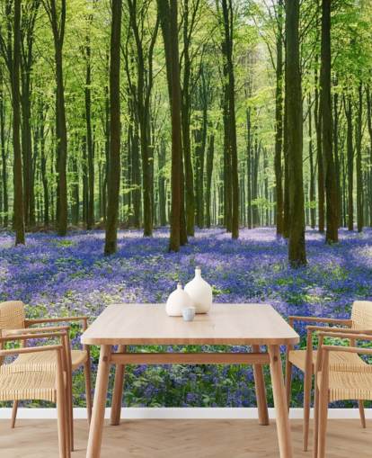 mural de papel pintado de bosque azul y verde llamado Bluebell Forest para dormitorios, salas de estar y cocinas mural de papel pintado de bosque azul y verde llamado Bluebell Forest para dormitorios, salas de estar y cocinas