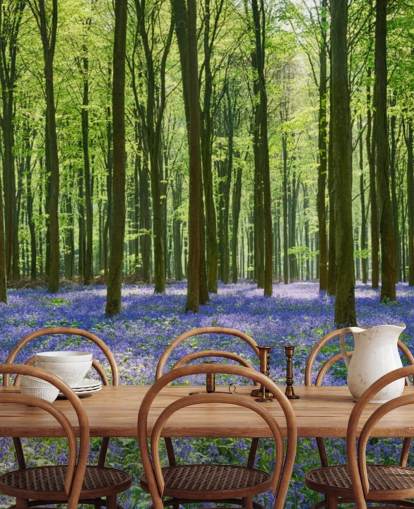 mural de papel pintado de bosque azul y verde llamado Bluebell Forest para dormitorios, salas de estar y cocinas