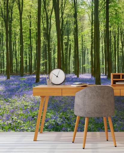 mural de papel pintado de bosque azul y verde llamado Bluebell Forest para dormitorios, salas de estar y cocinas