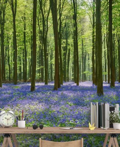 mural de papel pintado de bosque azul y verde llamado Bluebell Forest para dormitorios, salas de estar y cocinas