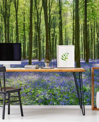 sininen ja vihreä metsätaustakuvamaalaus nimeltä Bluebell Forest makuuhuoneisiin, olohuoneisiin ja keittiöihin