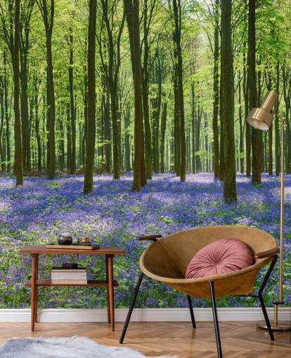 blue and green forest wallpaper mural called Bluebell Forest for bedrooms, living rooms and kitchens