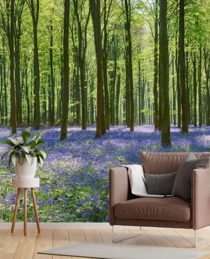blue and green forest wallpaper mural called Bluebell Forest for bedrooms, living rooms and kitchens