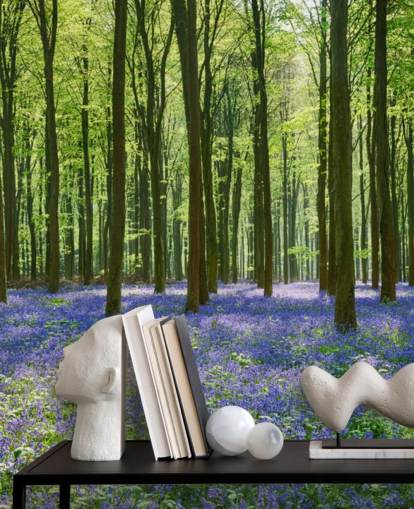 sininen ja vihreä metsätaustakuvamaalaus nimeltä Bluebell Forest makuuhuoneisiin, olohuoneisiin ja keittiöihin