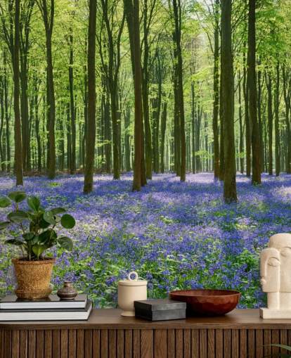 blue and green forest wallpaper mural called Bluebell Forest for bedrooms, living rooms and kitchens