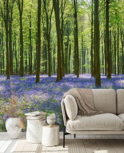 mural de papel pintado de bosque azul y verde llamado Bluebell Forest para dormitorios, salas de estar y cocinas