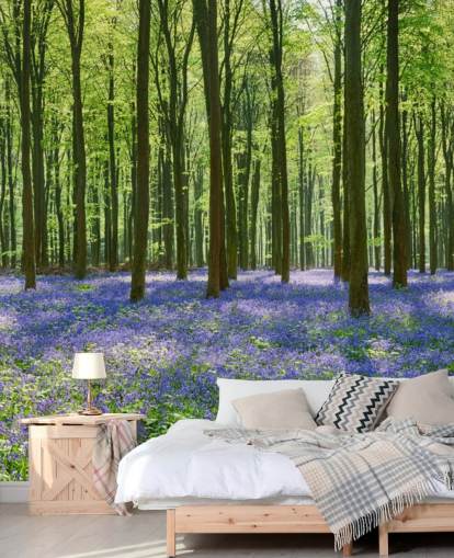 blue and green forest wallpaper mural called Bluebell Forest for bedrooms, living rooms and kitchens