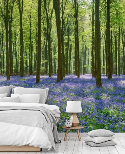 blue and green forest wallpaper mural called Bluebell Forest for bedrooms, living rooms and kitchens