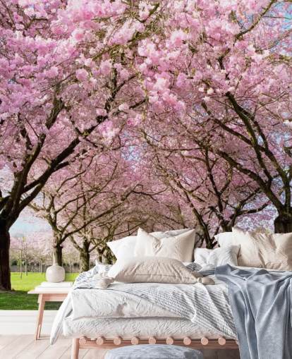 vaaleanpunainen muokattava kirsikankukka-taustakuva nimeltä Cherry Blossom Trees makuuhuoneisiin