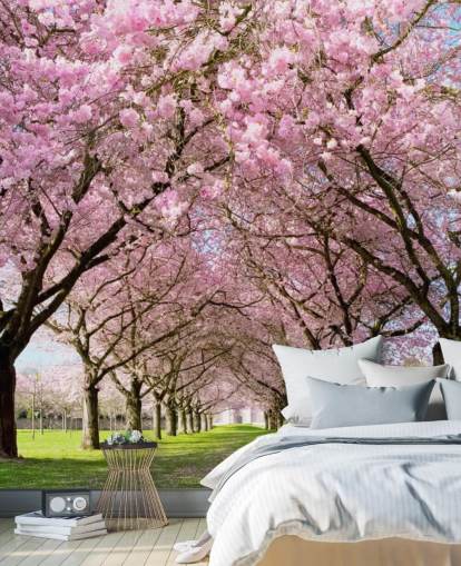 vaaleanpunainen muokattava kirsikankukka-taustakuva nimeltä Cherry Blossom Trees makuuhuoneisiin