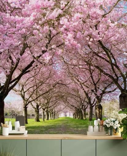 lyserødt tilpasselig kirsebærblomst tapet kaldet Cherry Blossom Trees til soveværelser