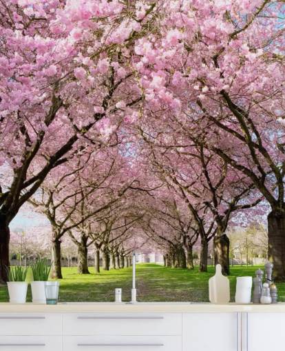 papel de parede rosa personalizável de flor de cerejeira chamado Cherry Blossom Trees para quartos