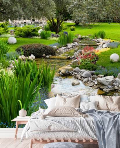 grønt tilpassbart damtapet veggmaleri kalt Asian Garden and Pond for omsorgsboliger, bedrifter og tannleger