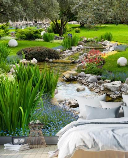 green customisable pond wallpaper mural called Asian Garden and Pond for care homes, businesses and dentists