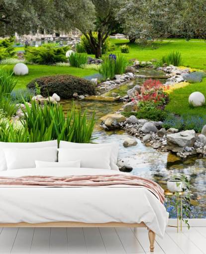 carta da parati murale verde personalizzabile con laghetto chiamato Asian Garden and Pond per case di cura, aziende e dentisti