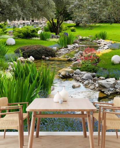 carta da parati murale verde personalizzabile con laghetto chiamato Asian Garden and Pond per case di cura, aziende e dentisti