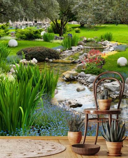 green customisable pond wallpaper mural called Asian Garden and Pond for care homes, businesses and dentists