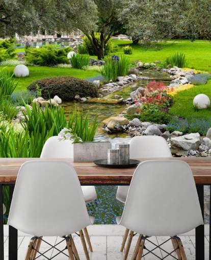 mural verde personalizable de papel pintado de estanque llamado Asian Garden and Pond para residencias de ancianos, negocios y dentistas mural verde personalizable de papel pintado de estanque llamado Asian Garden and Pond para residencias de ancianos, negocios y dentistas
