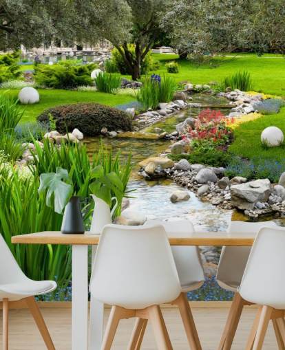 grønt tilpasseligt damtapetmaleri kaldet Asian Garden and Pond til plejehjem, virksomheder og tandlæger