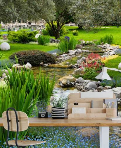 grüne, personalisierbare Teichtapete namens Asian Garden and Pond für Pflegeheime, Unternehmen und Zahnärzte