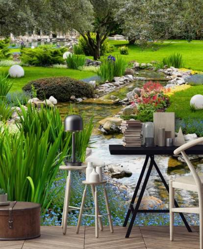 green customisable pond wallpaper mural called Asian Garden and Pond for care homes, businesses and dentists