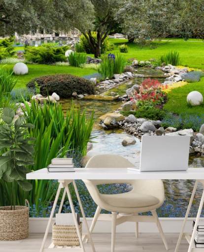 green customisable pond wallpaper mural called Asian Garden and Pond for care homes, businesses and dentists