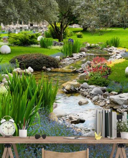 grønt tilpasseligt damtapetmaleri kaldet Asian Garden and Pond til plejehjem, virksomheder og tandlæger