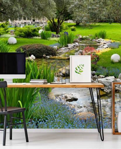 mural verde personalizable de papel pintado de estanque llamado Asian Garden and Pond para residencias de ancianos, negocios y dentistas