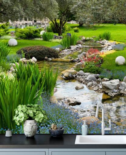 groene aanpasbare vijverbehangmuurschildering genaamd Asian Garden and Pond voor verzorgingstehuizen, bedrijven en tandartsen groene aanpasbare vijverbehangmuurschildering genaamd Asian Garden and Pond voor verzorgingstehuizen, bedrijven en tandartsen