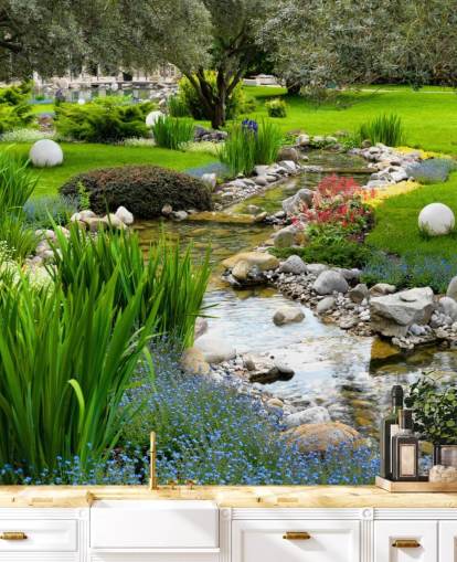 mural de papel de parede de lago verde personalizável chamado Asian Garden and Pond para casas de repouso, empresas e dentistas